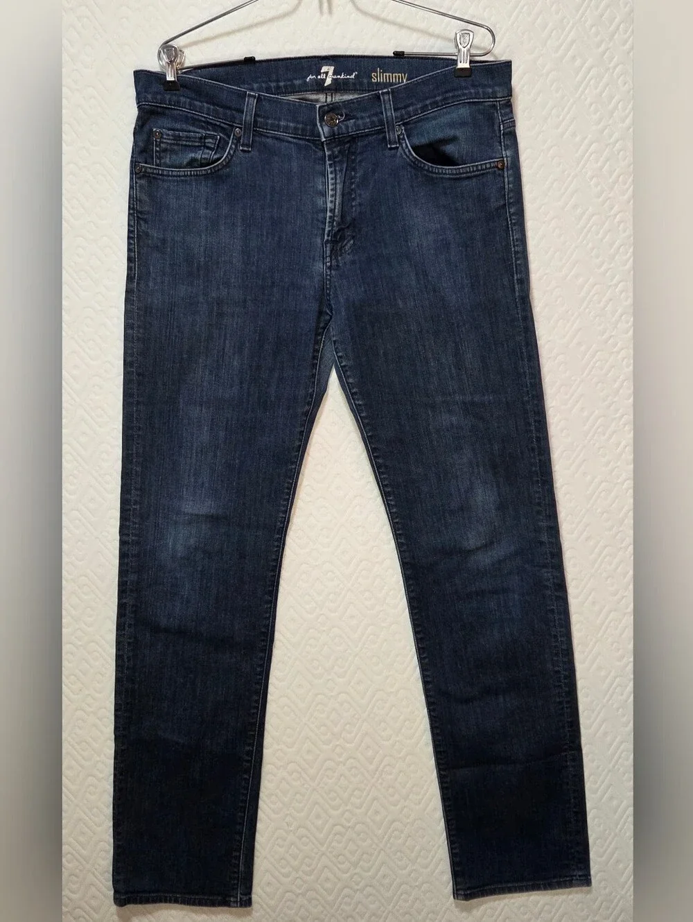 7 for All Mankind Jeans Slimmy Washed  Blue Denim Jeans, Tapered Legs, 34x32